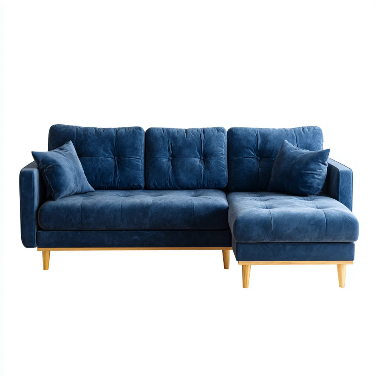 Sofa, Kanapa narożna z rekamierem po prawej ciemnoniebieskiej 240 x 160 x 85 cm poliestrowej aksamitnej drewnianej nóżki